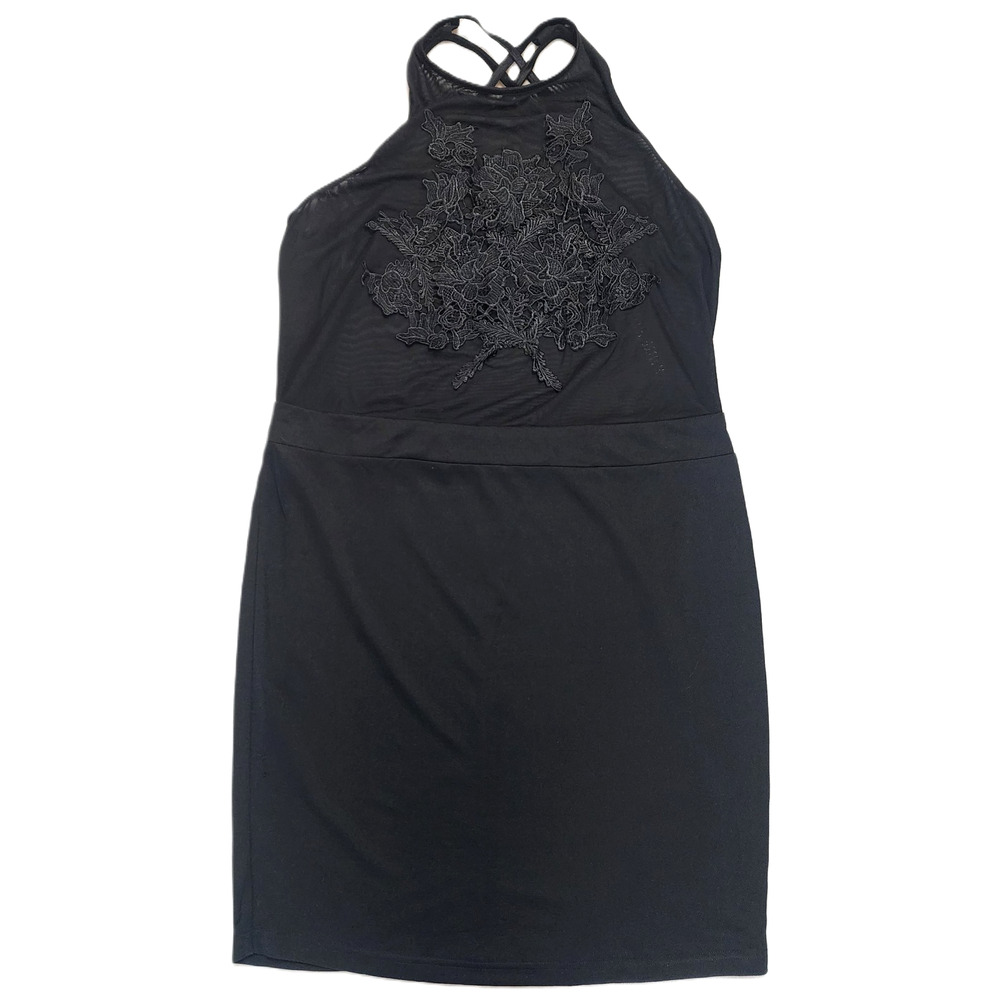Haute Fox Black Lace Halter Dress 3X Black Crisscross Back Mesh Bodice Evening